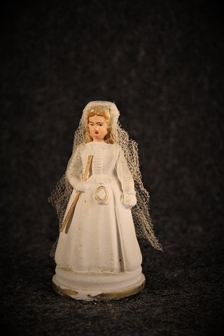 Dekorativ , gammel Fransk bryllups figur af bruden i bemalet gips. H:9cm.