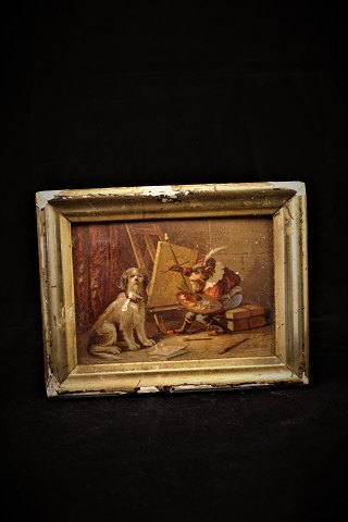 Fransk 1800 tals billede / tryk med abe som maler hund,  i gammel sølvramme.
10,5x13cm.