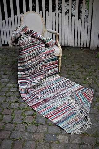 Old Swedish patchwork carpet in fine colors and good quality. Measuring: 
280x85cm.