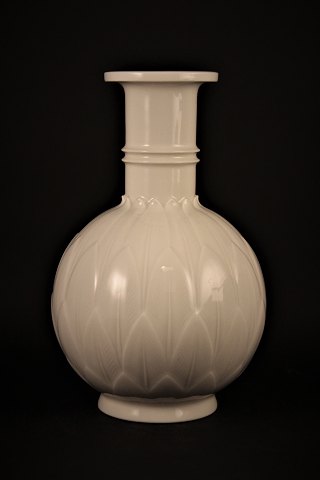 Royal Copenhagen, white vase Blanc de Chine with leaf relief by Arno Malinowski 
from the year 1947.