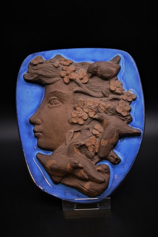 Stoneware relief with blue glaze by Johannes Hedegaard 
from Aluminia - Denmark. 27x22cm.
Aluminia# 161/2887.