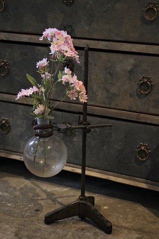 Rå gammel fransk "Laboratorie vase" bestående af råt jern stativ med glas kolbe til en enkelt blomst...