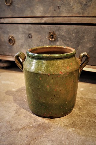 Decorative 1800s clay pots with handles from the South of France with green glaze...