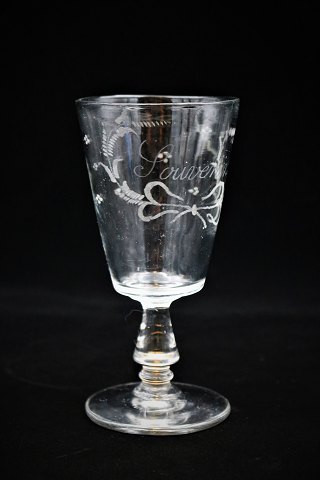 Antikt fransk mundblæst Souvenir glas med skrift og blomster motiver H:16cm. Dia.:8cm.