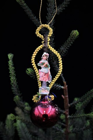 Gammel glas juleornament med glansbillede fra omkring 1920-50...