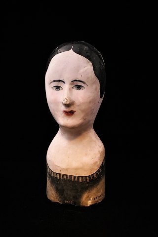 Original, antique French wig head (Millenerey head) from the 19th century in painted papier-mâché...