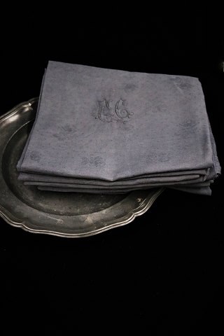 12 pcs. beautiful old French damask woven linen napkins with monogram and floral 
motifs...