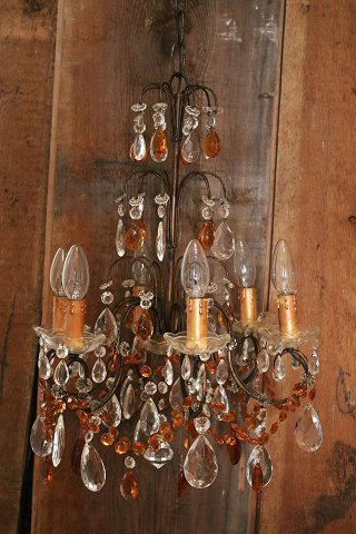 Old French prism chandelier with lots of clear and amber colored glass prisms...