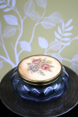 Fine, old "Liva Weel" bonbonniere in delicate blue glass with metal lid with 
embroidered motif of roses...