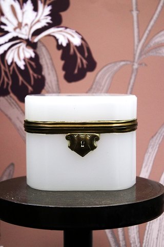 Antique, 19th century sugar box in white opal glass with bronze mounting...