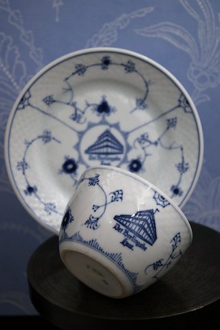 Bing & Grondahl coffee cup and cake plate in blue painted / Blue Fluted iron 
porcelain with logo from "Det Berlinske Hus"