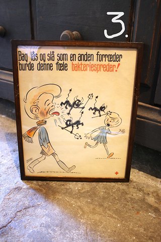 Old drawing (print) by Leo Fredsbjerg with "Educational" rhymes and slogans for the Red Cross...