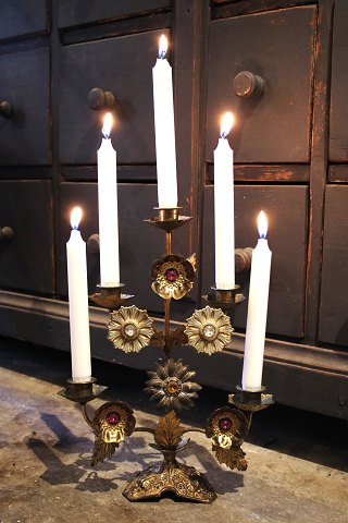 Antique, French church candlestick in gilded metal decorated with 6 metal 
flowers with colored stones...