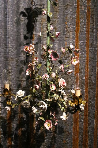 Old French chandelier in green painted metal decorated with fine colored/white 
porcelain flowers...