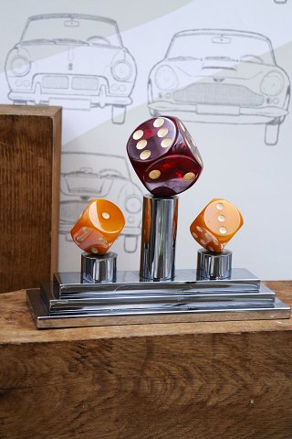Decorative, old game trophy in chrome with 3 large dice in colored acrylic...