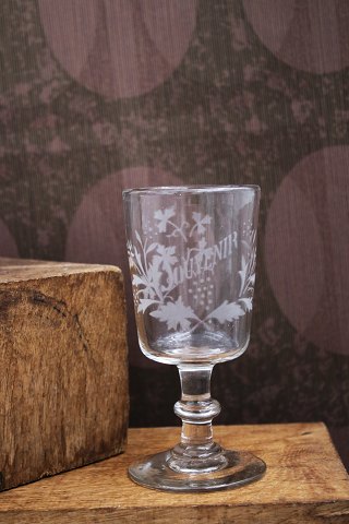 Fine old mouth-blown French souvenir wine glass with engraved lettering "Souvenir"