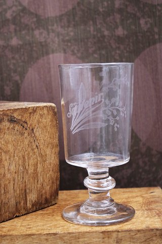 Fine old mouth-blown French souvenir wine glass with engraved lettering "Souvenir"