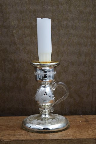 Rare 19th century chamber candlestick in Mercury Glass with handle and fine old patina...
