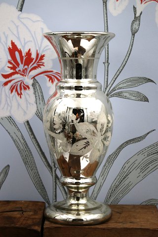 Antique, French 19th century vase in Mercury Glass decorated with hand-painted floral motif...