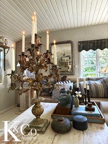 Decorative, antique 19th century French candlestick in gilded metal and wooden base...