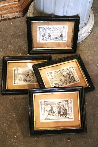 4 svenske 1800 tals gravure af De 4 årstider i 1800 tals sortmalet træ rammer med glas...