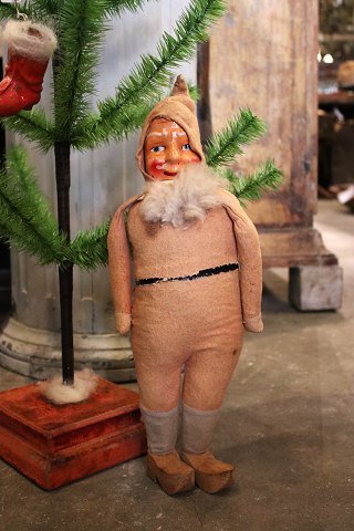 Nice, old gnome with body stuffed with straw, felt suit, wooden shoes and face in painted papier-mâché...