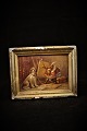 Fransk 1800 tals billede / tryk med abe som maler hund,  i gammel sølvramme.10,5x13cm.