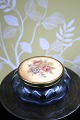 Fine, old "Liva Weel" bonbonniere in delicate blue glass with metal lid with 
embroidered motif of roses...