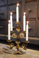 Antique, French church candlestick in gilded metal decorated with 6 metal 
flowers with colored stones...