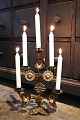Antique, French church candlestick in gilded metal decorated with 6 metal 
flowers with colored stones...