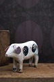Decorative, old pig in carved wood with fine original painting and ears, and a leather tail...
