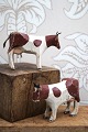 Decorative, old dairy cow in carved wood with fine original painting, ears and tail in leather...